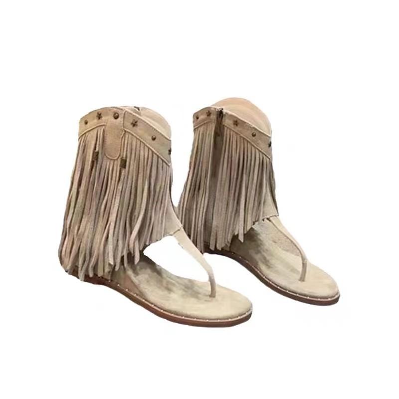 Keilabsatz Flach Coole Stiefel Sommer Neu Runde Spitze mit Zehenniete Fransen Seitenreißverschluss Rutschfest Verschleißfest Kurze Stiefel