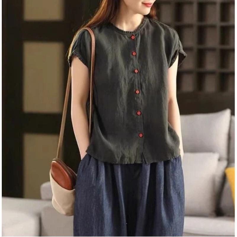 Women Dark Green Linen Blend Blouse With Ruffled Neckline And Red Button Front Casual Summer Top