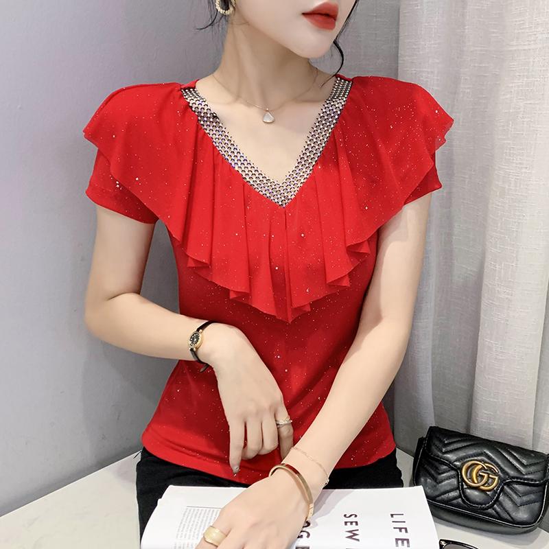 Summer Short Sleeved V Neck Women's T Shirt Elegant Slim Hot Drilling Ruffles Mesh Tees