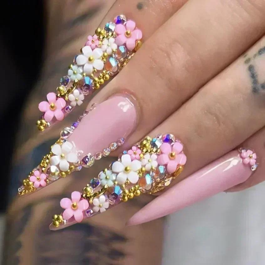 24Pc False Nails with Glue Almond Black Red Gradient Design Detachable Rhinestone Acrylic Fake Nail Long Stiletto Press on Nails