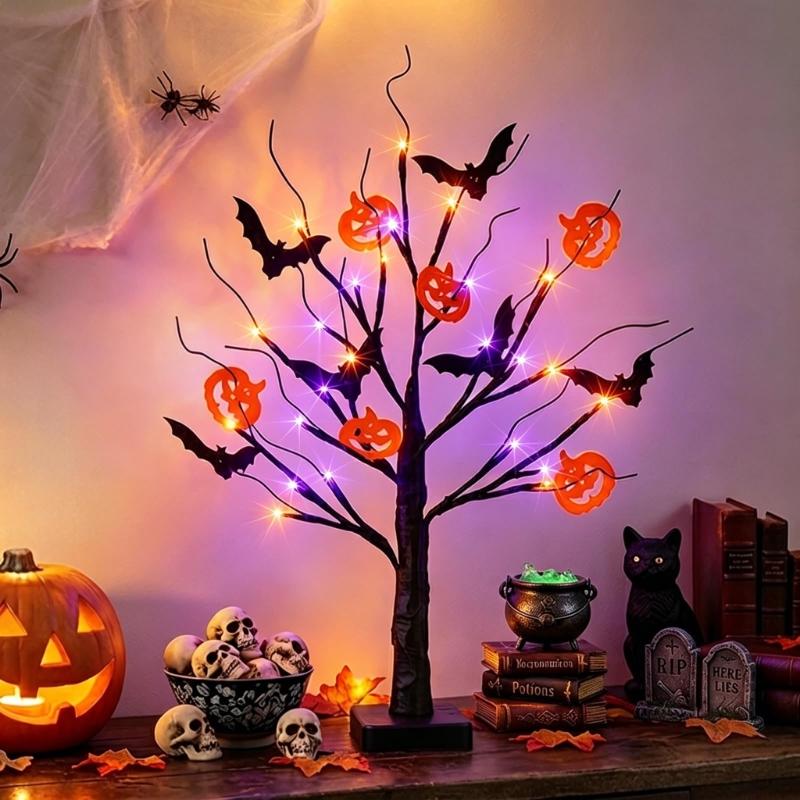 Halloween Tree with Light Home Decors Halloween Table Display Decoration, Lighted Black Tree with Bat Forms and Pumpkin Figures for Indoor Seasonal