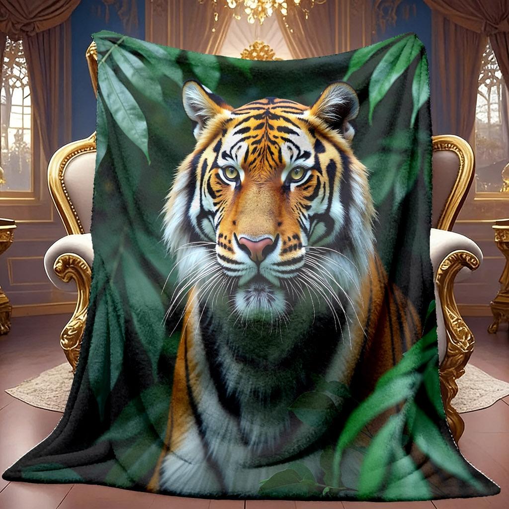 A 2D Tiger-themed Flannel Blanket with Soft High-definition Digital Printing, a Cooling Blanket Suitable for All Seasons! Soft and Breathable 100% Pol