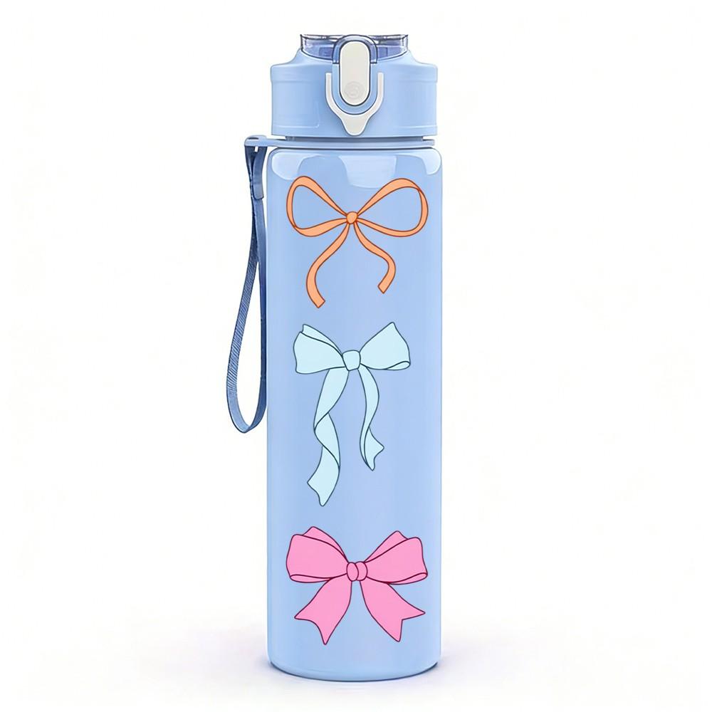 1PC Pastel Bow Ribbon Bowknot Print 750ml Color Plastic Sports Water Bottle Leakproof Flip Straw Lid Suitable for Sports Office Home Use