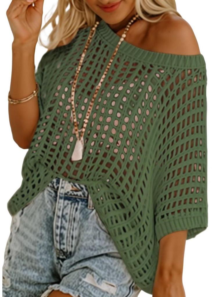 2025 Summer Women's Five-Sleeve Sexy Cutout Knit Beach Cover-Up Sweater