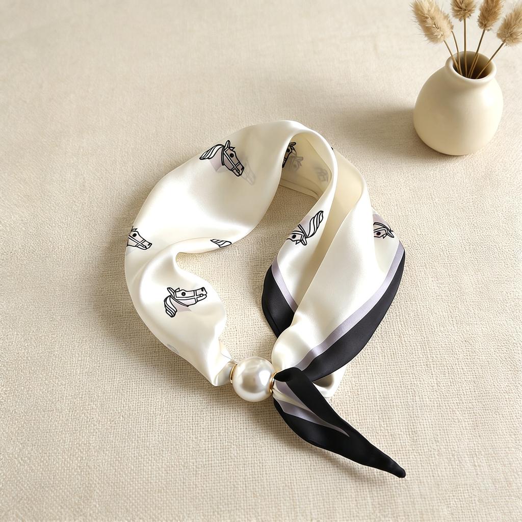 Scarf Print Silk Pearl Neck Scarf Lazy Chain Collarbone Magnetic Thin Pendant Buckle Handkerchief Ribbon Woman Luxury Accesories