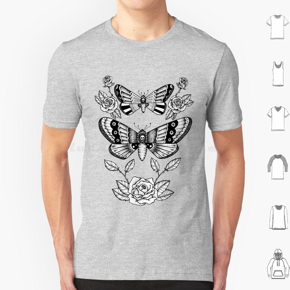 Death Moths T Shirt Big Size 100 Cotton Death Moth Roses Death Moths Moths Moth Black And White Fine Liner Detail Dot Work