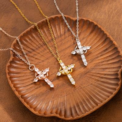 Rotatable Crown Rhinestone Cross Choker Necklace for Women Minimalist Chain Christian Jewelry Prayer Gift