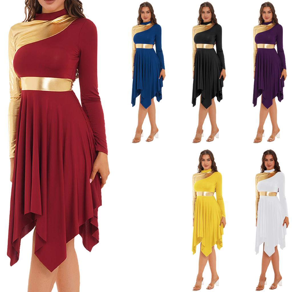 Women's Metallic Gold Color Block Church Worship Dress Dancewear Praise Liturgical Dance Costume
