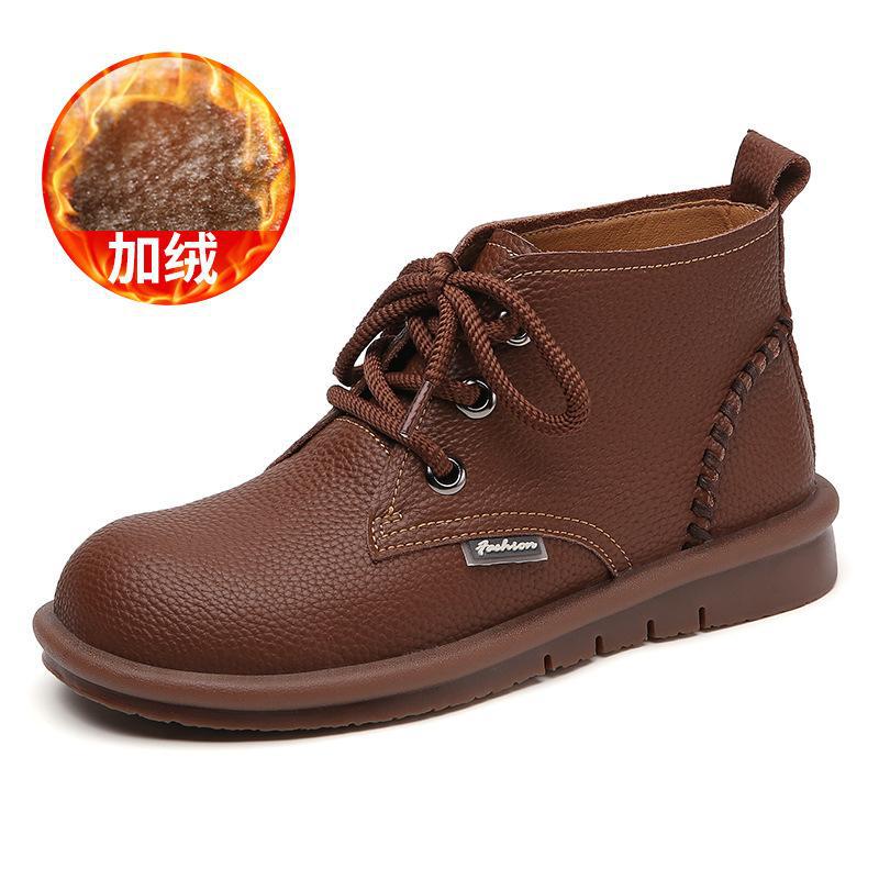 Осенне-зимние короткие ботинки в стиле ретро, ботинки Мартина, короткие кожаные ботинки с круглым носком, кожаные ботинки на плоской подошве со средним ремешком, хлопковая обувь 41