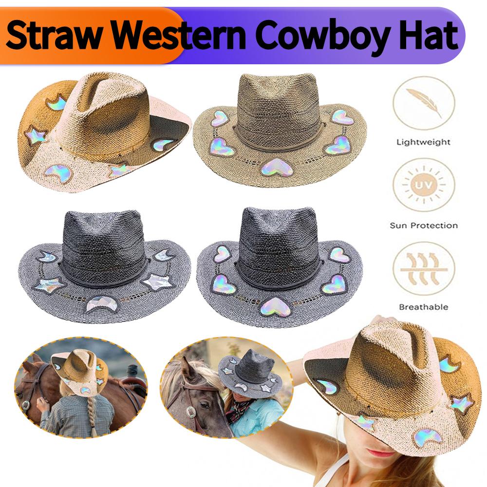 Straw Western Cowboy Hat for Women Girls Beach Sun Hat Vintage Summer Woven Sun Hat for Music Festival Party Beach