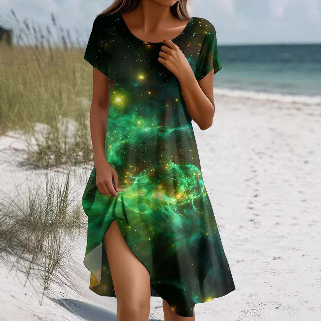 Damenmode Kurzarm Boho-Print Kleid Mit Taschen