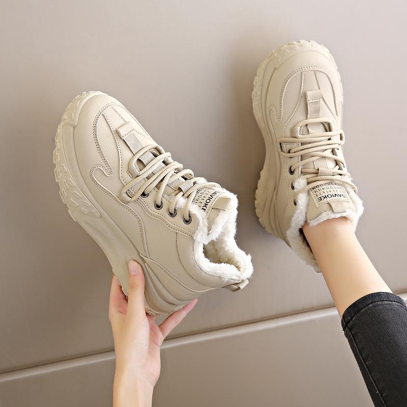 Fleece black sneakers winter new leather shoes are not tired of casual cotton shoes