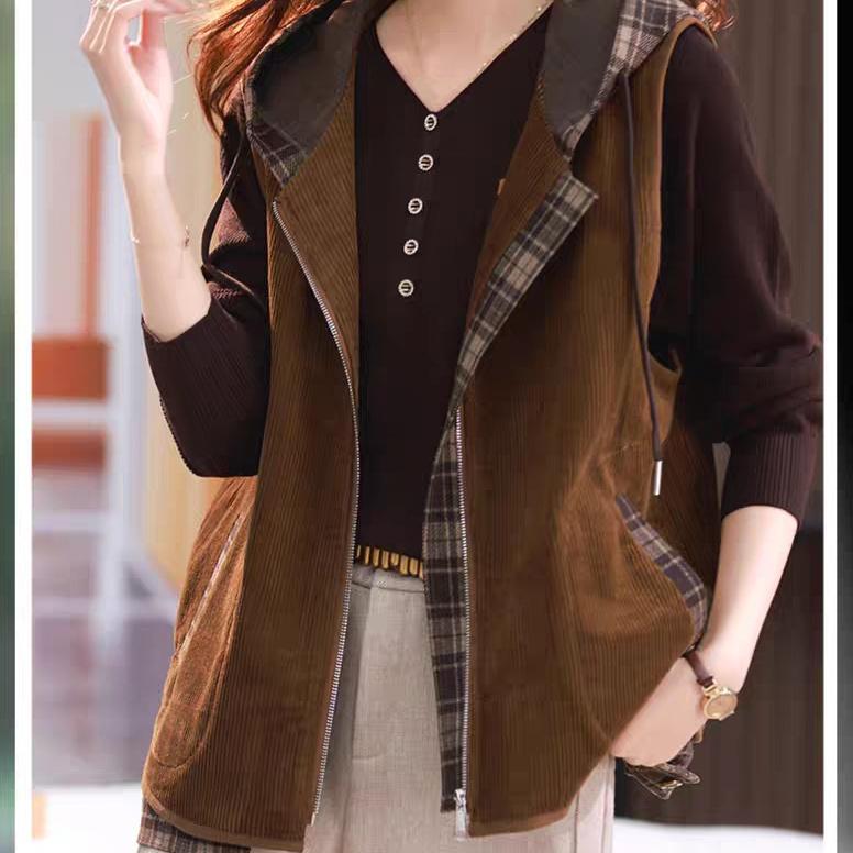 

Вельветовый жилет, пальто, женская осенне-зимняя мода, цветной блок, капюшон, без рукавов, жилет XXXL кофейный