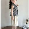Girl's Sleeveless Wide Leg Pants Set Summer Fashion Versatile Checkered Casual Set for Girls