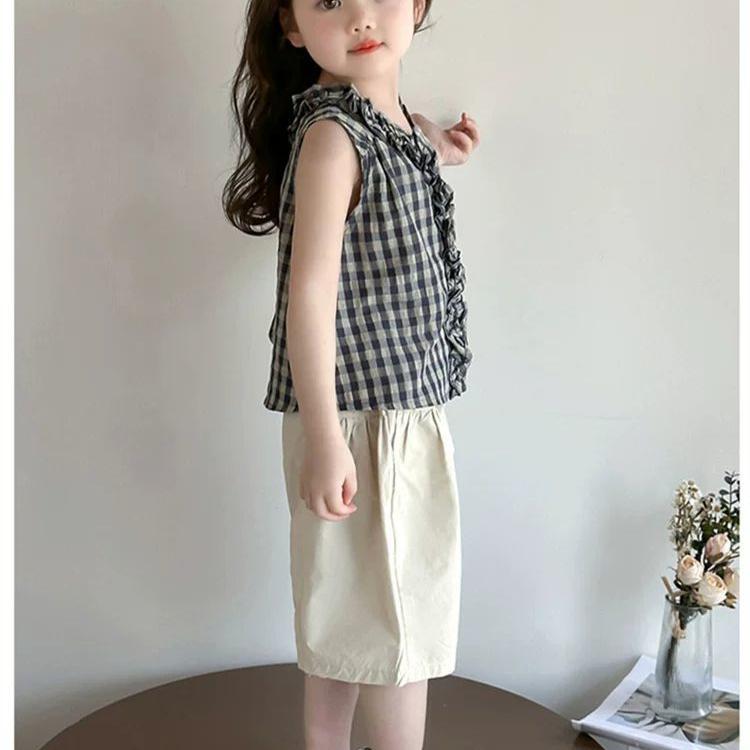 Girl's Sleeveless Wide Leg Pants Set Summer Fashion Versatile Checkered Casual Set for Girls