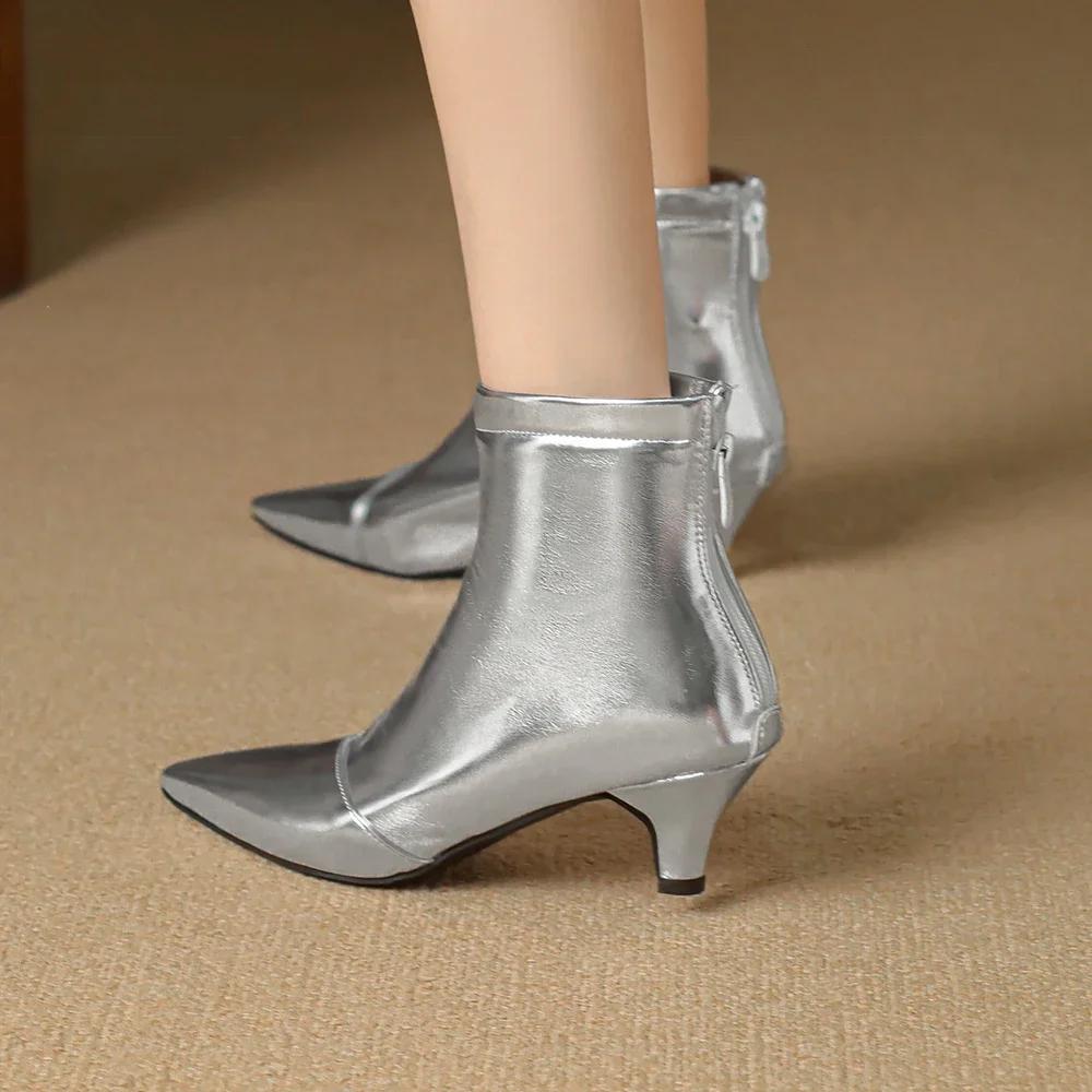 Fashion New Gold Silver Stilettos Ankle Boots PU Leather Women Pointed Toe Low Heel Short Boots Sexy Women Zip Booties Feminim32-46