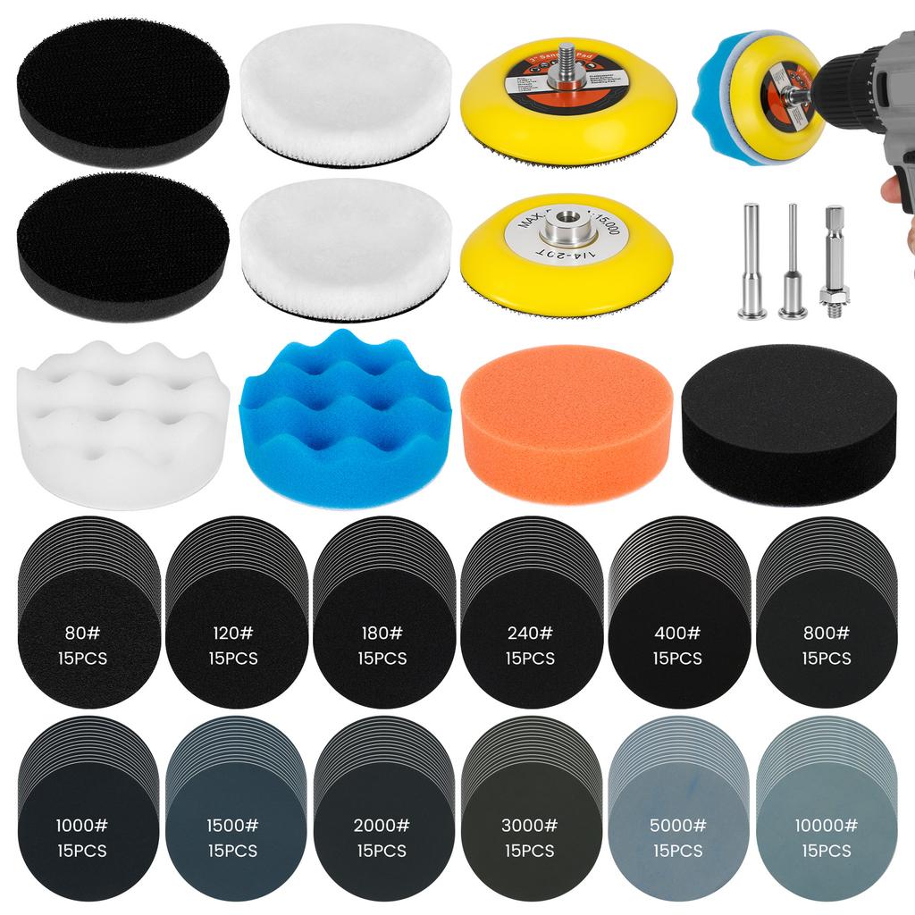 331/129pcs 3 Inch Wet Dry Sanding Discs 60-10000 Grit Sandpaper Pads and Foam Buffering Pad for Wood Metal Car Polishing