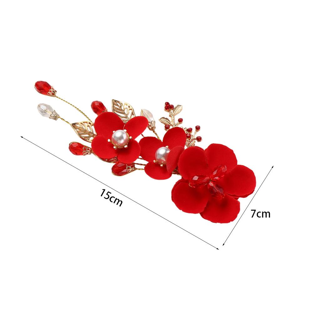 Bride Red Flower Pearl Chinese Hanfu Hair Clips Festival Hairpins Duckbill Clips Women Barrettes