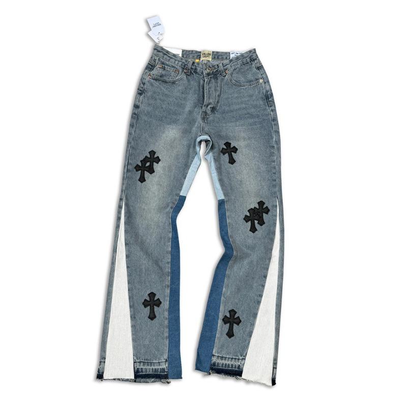 EastRogue Crossed-pants with Cowboy Flared Legs, Washed and Distressed Denim Jeans with Patchwork Design.