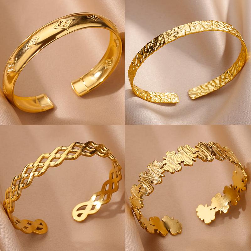 Stainless Steel Bangles Bracelets for Women Gold Color Geometric Texture Open Cuff Bangle Bracelet Femme Vintage Jewelry
