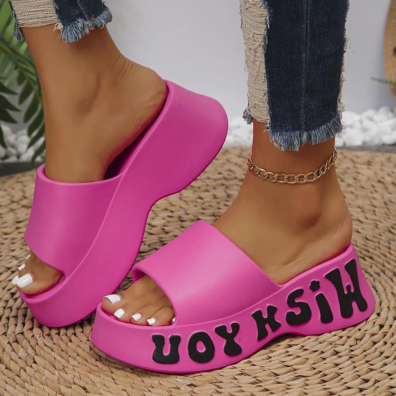 Fashion Letter Printing Wedge Platform Sandals Women Summer Beach Non Slip Thick Sole Slippers Woman Outdoor Fashion EVA Pillow Slides