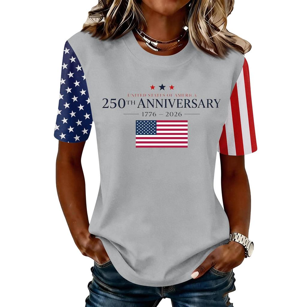 Blusa Feminina da Moda Casual de Manga Curta com Estampa e Gola Redonda