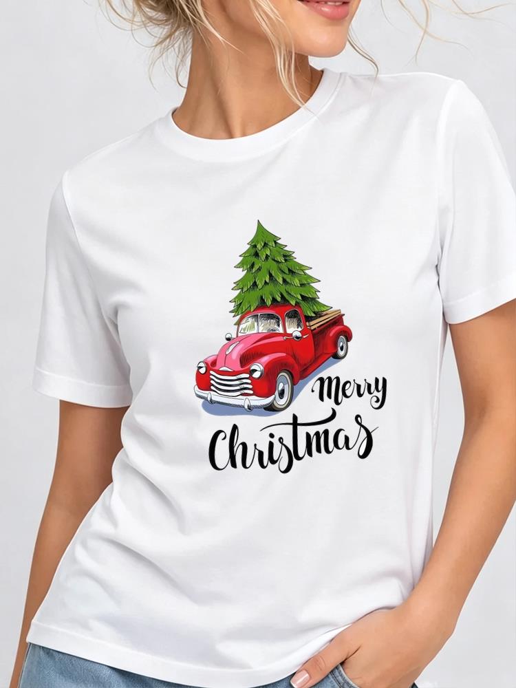 (Asian Size) Tree Printing Christmas New Year Clothing T Shirt Women Fashion Festival Tee Top Print Female Woman Short Sleeve Graphic T-shirts