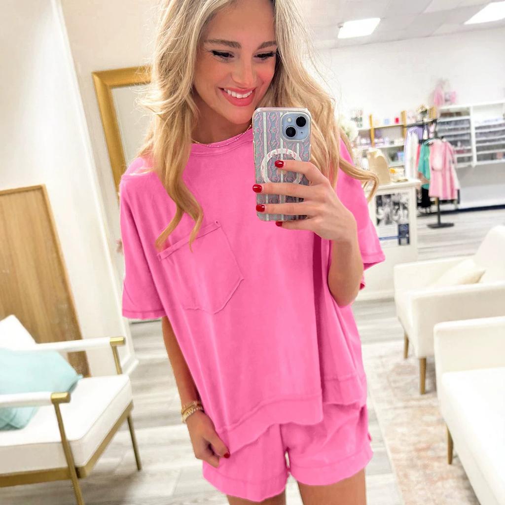 Women's Loose Two Piece Short Set Half Sleeve Pocket Tee Solid Casual Loungewear Matching Outfit