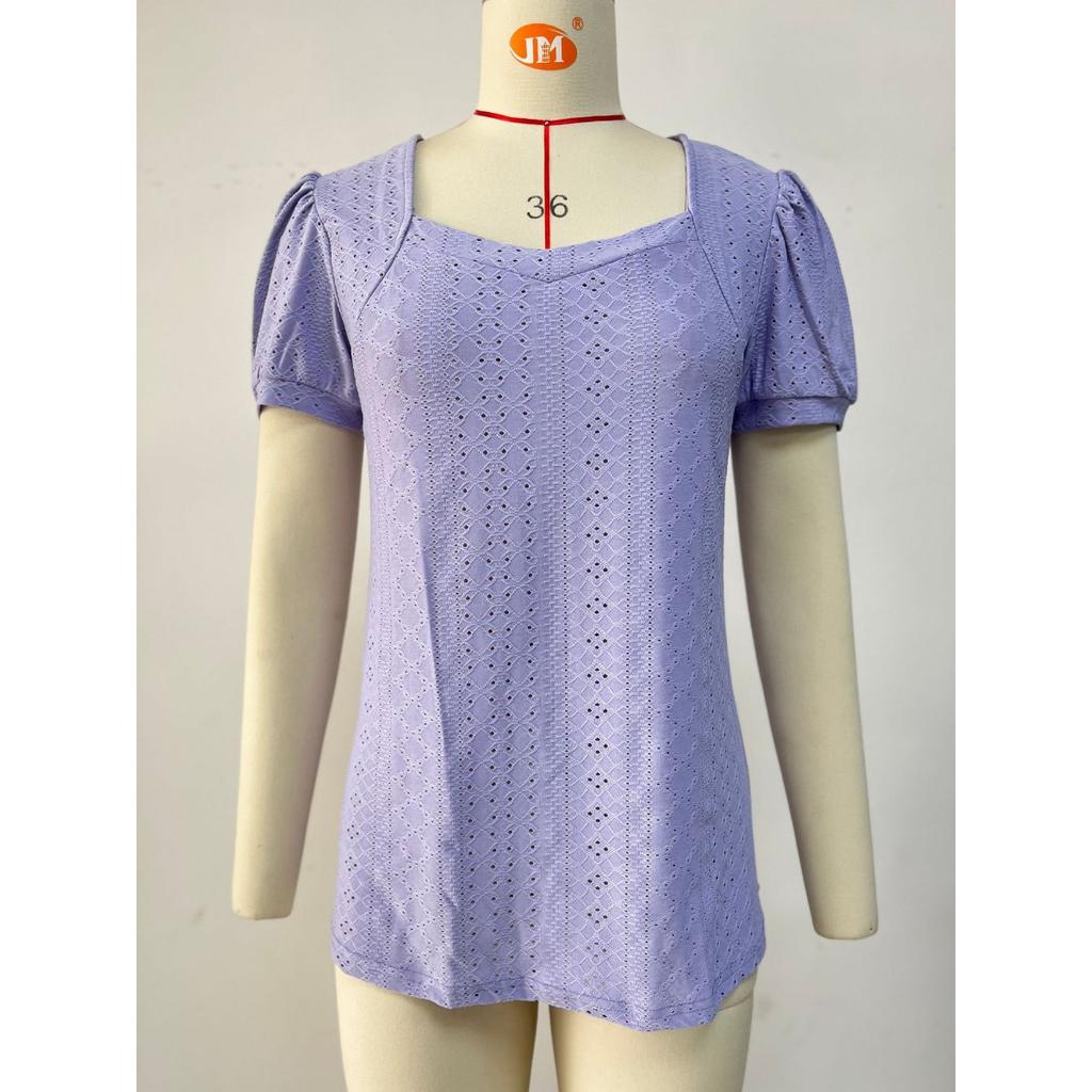 Spring Summer New Women's Solid Color Square Neck Puff Short Sleeve T-shirt Loose Casual Top For European American Cross-border