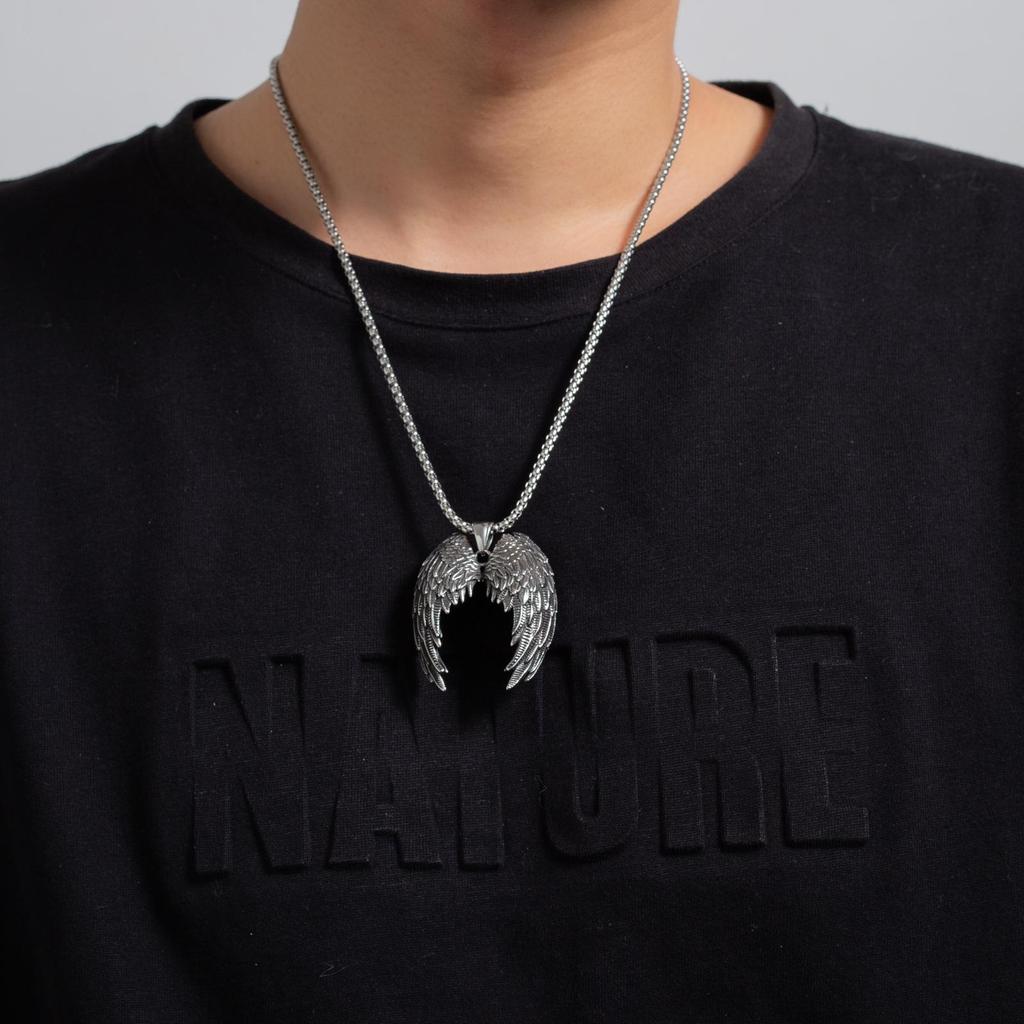 European & American Bold Men's Vintage Angel Wings Stainless Steel Pendant Necklace
