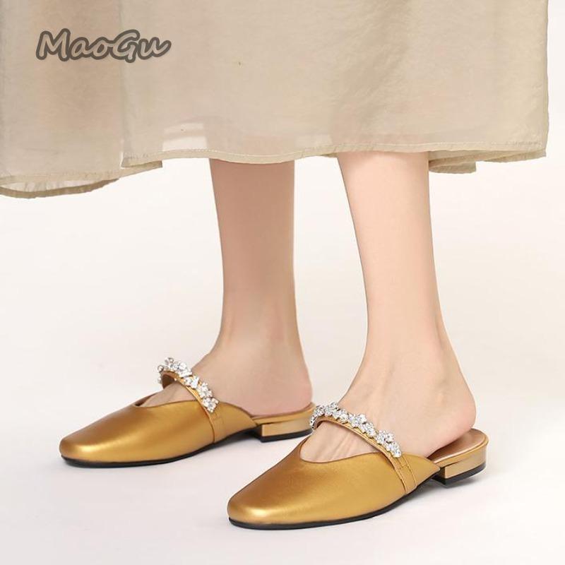 Fashion French Rhinestone Cover Toe Slippers for Women Slip On Women's Footwear Fashion Low Heel Pumps Soft Leather Comfortable Mules