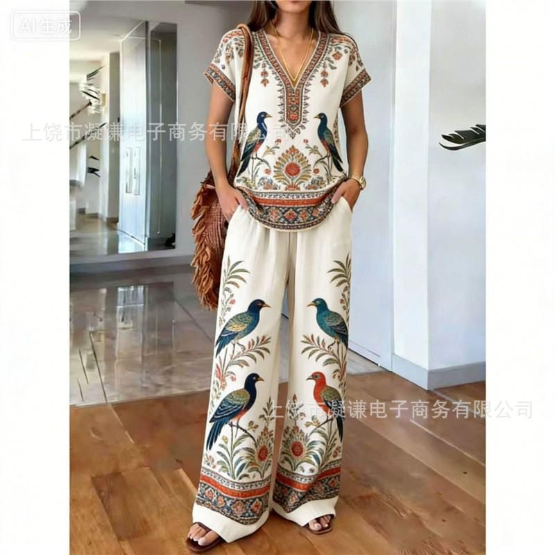 Y116 Summer Loose Top Wide-leg Pants Two-piece Women's Clothing European and American Fashion Suit