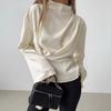 French Style Stand Collar Chiffon Flared Sleeve Pleated Split Shirt