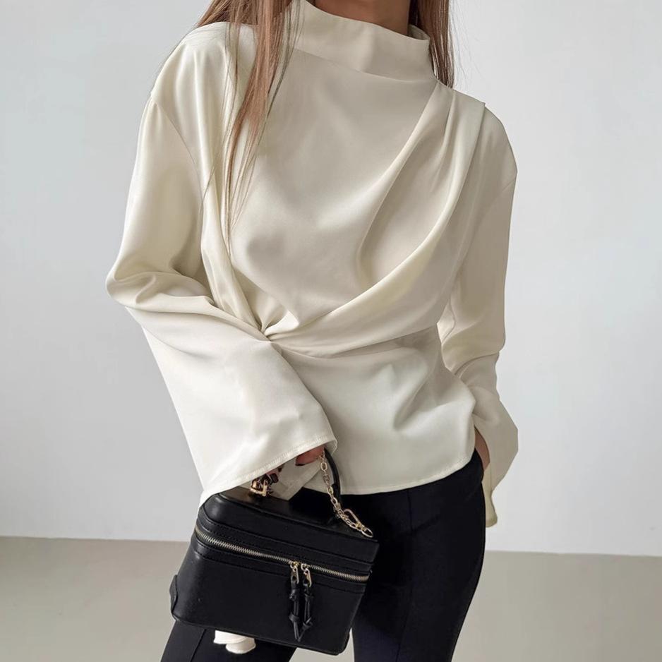 French Style Stand Collar Chiffon Flared Sleeve Pleated Split Shirt