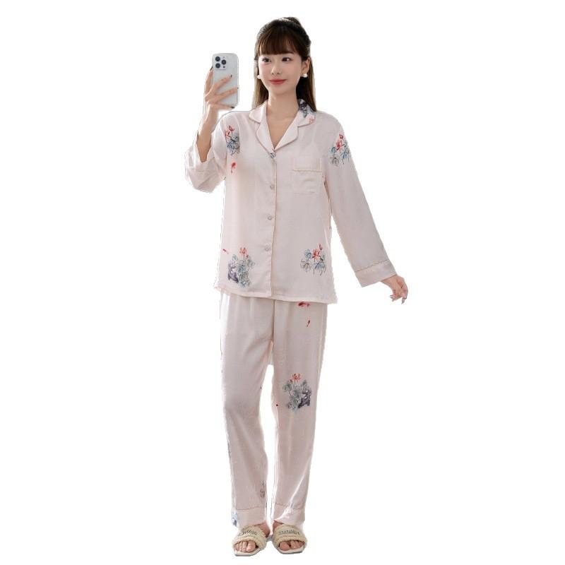 New spring and summer women's ice silk pajamas, national style printed long-sleeved pants, imitation silk loungewear suit can be worn outside