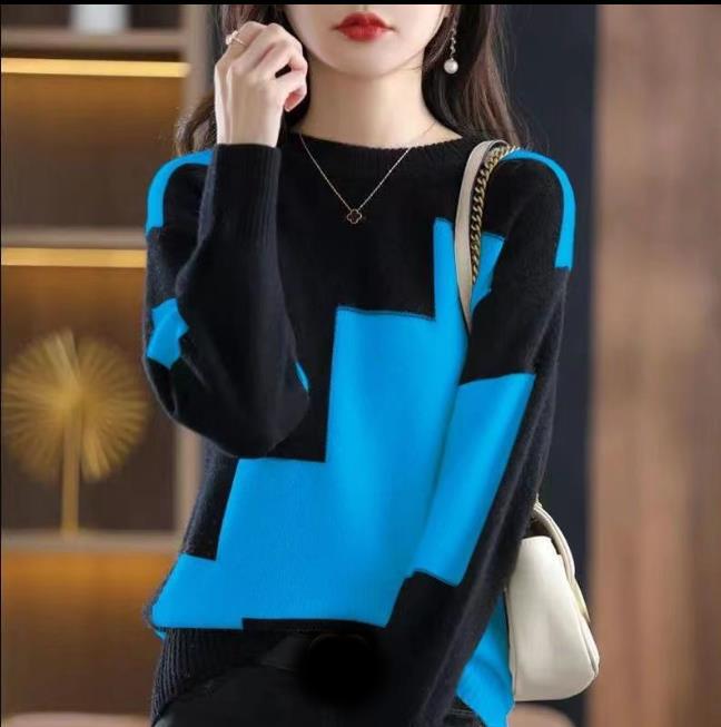 Knitted Sweater with Round Neck Color Blocks Women's Autumn Spring Sweater Contrasting Color Design Casual Versatile Shirt with Loose Top and Bottom