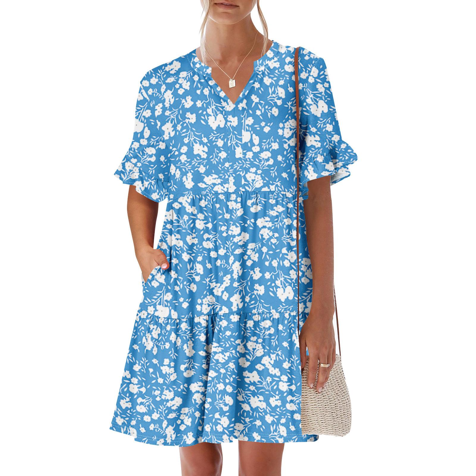 

Жіноча літня сукня з коротким рукавом, V-подібним вирізом, короткі сукні, мода, повсякденний, квітковий, бохо, рюшами, трапецієподібний, свінг-сарафан з кишенями L