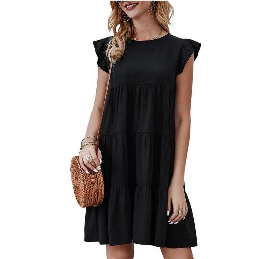 New Summer Solid Color Crew Neck Short Sleeve Dress Casual Ruffled High-Waisted Swing Dress