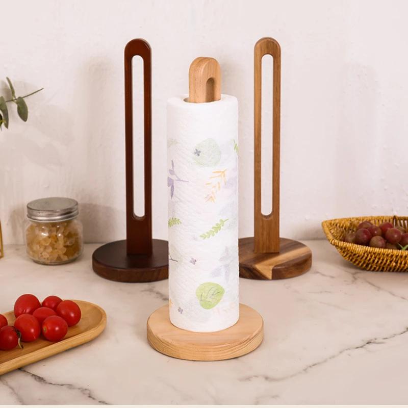 Wooden Paper Towel Holder Kitchen No-Punch Paper Roll Holder Rag Clingfilm Fresh Bag Vertical Solid Wooden Organizer