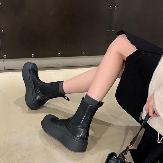 Verze ovčí kůže~ vnitřní zvýšení výšky 7 cm tenké kozačky krátké kozačky dámské kožené na silné podrážce Chelsea kozačky muffin Martin kozačky kotníkové kozačky