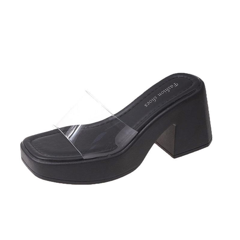 Papuci exterioare cu talpă groasă cu degete deschise, brioșe de modă pentru femei, cu un singur cuvânt, sandale transparente de zână cu toc înalt de vară 2025