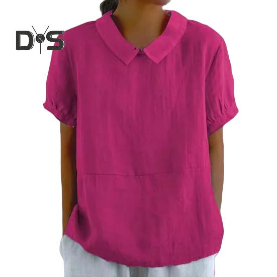 

Женская повседневная рубашка с отложным воротником, короткий рукав, однотонная свободная футболка, летняя футболка, повседневная одежда L темно-розовый