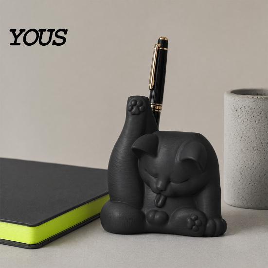 Cat Pen Holder Holder, Cute Resin Desk Organizer, Funny Figurine, Themed Stationery Decorative Storage Statue for Office Supplies, Creative