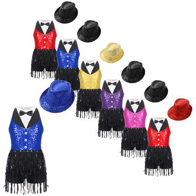 Kids Girls Dancewear Set Sleeveless Round Neck Sequin Keyhole Back Jumpsuit with Hat for Jazz Performance Competition