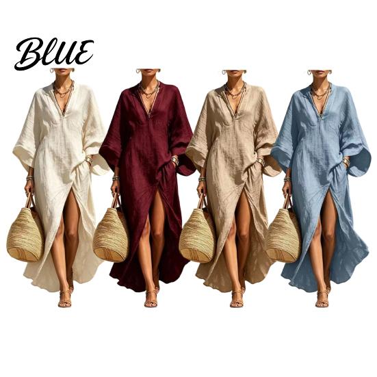 Slimming Loose Dress Women's Cotton Linen Maxi Dress V Neck Batwing Sleeve Sweat-absorbent High Split Casual Beach Sundress with Pockets Vacation