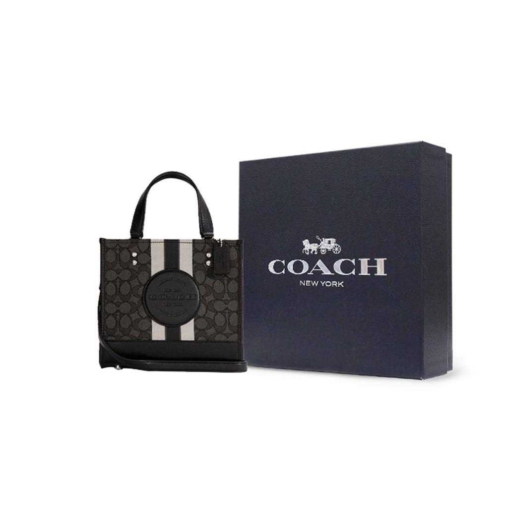 Coach Dempsey 22 Classic Logo Canvas And Leather Tote Bag Women tote Smoke-Black C7083-SVRT6