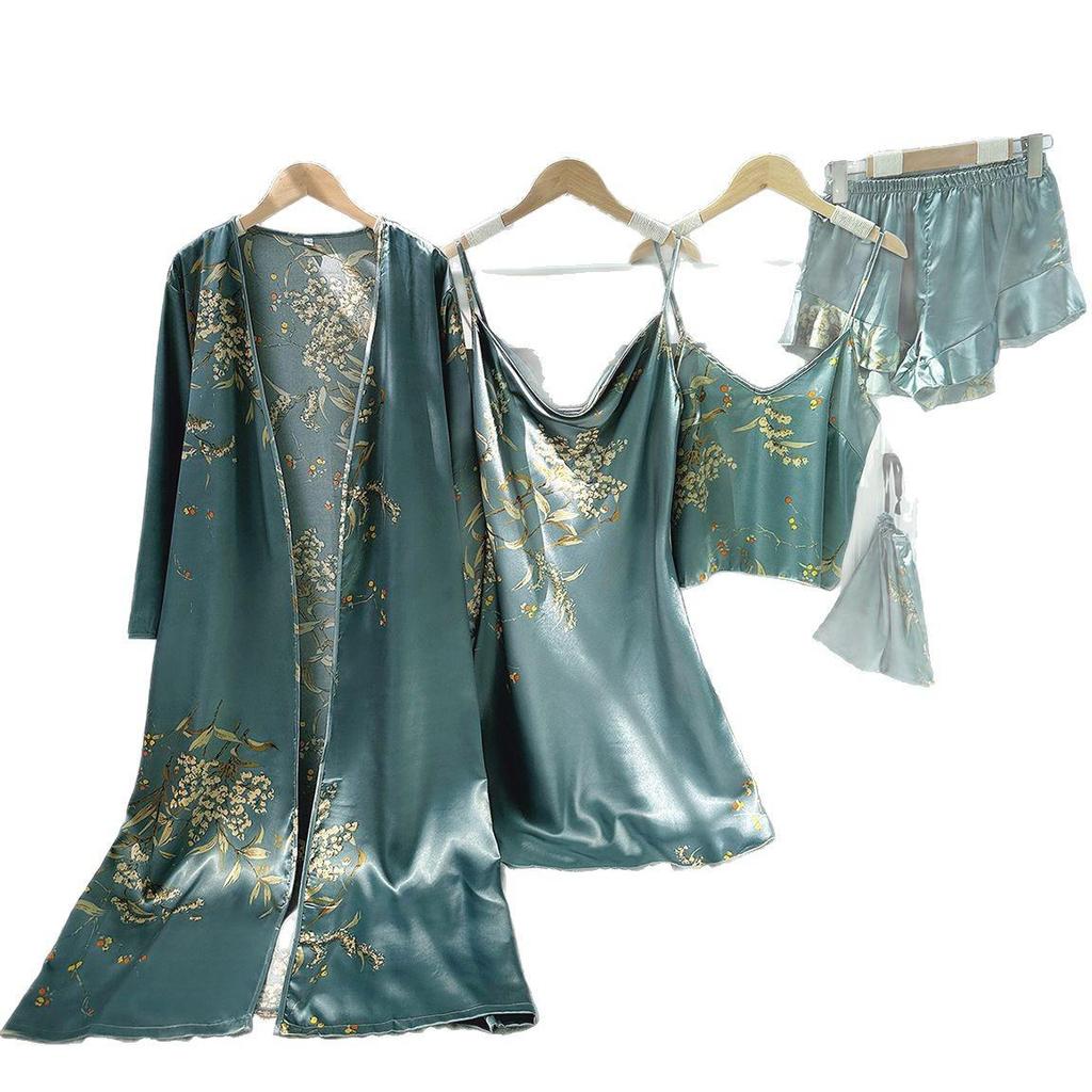 Women's Four Seasons Tie-Up Robe & Nightgown Set - Thin, Mid-Length Pajamas