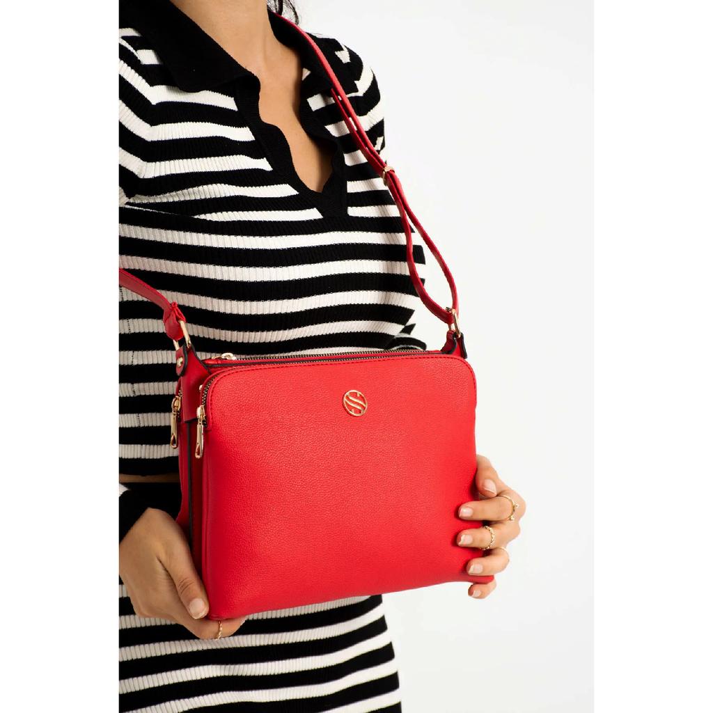 Schwarze Damen-Schultertasche aus weichem Leder mit 4 Fächern, langem Kreuzriemen, mittlerer Größe, nützliche Umhängetasche