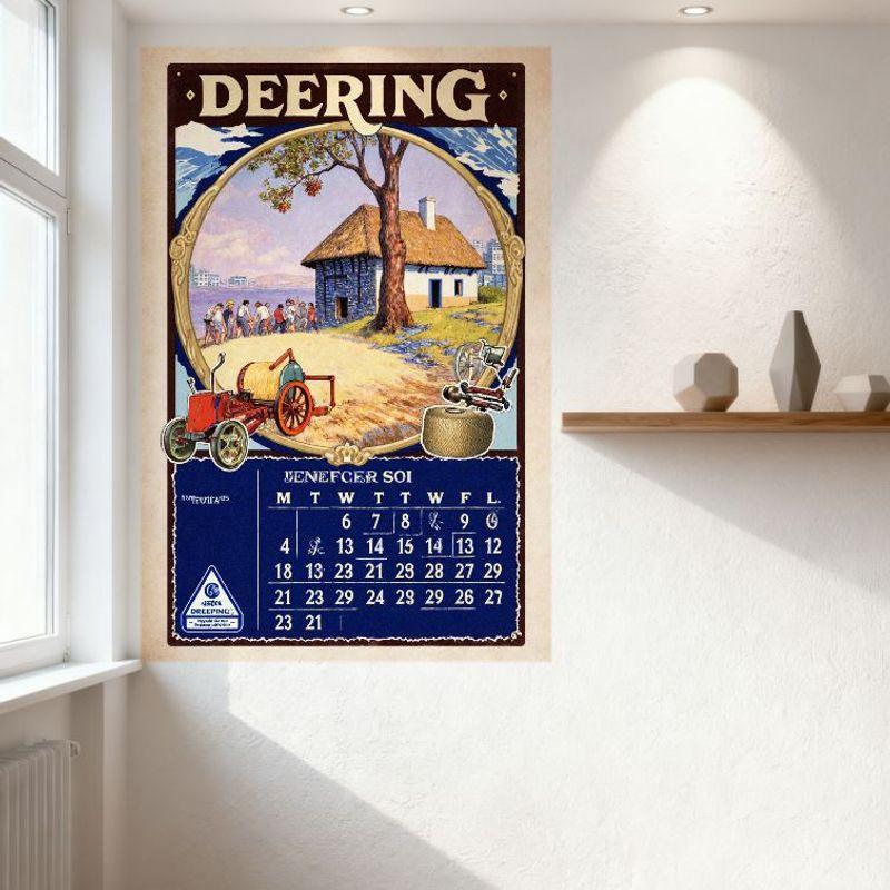 Vintage DEERING Tractor Farm Calendar Tin Sign, Retro 20th Century Agricultural Advertising Metal Poster for Wall Decor, Rustic