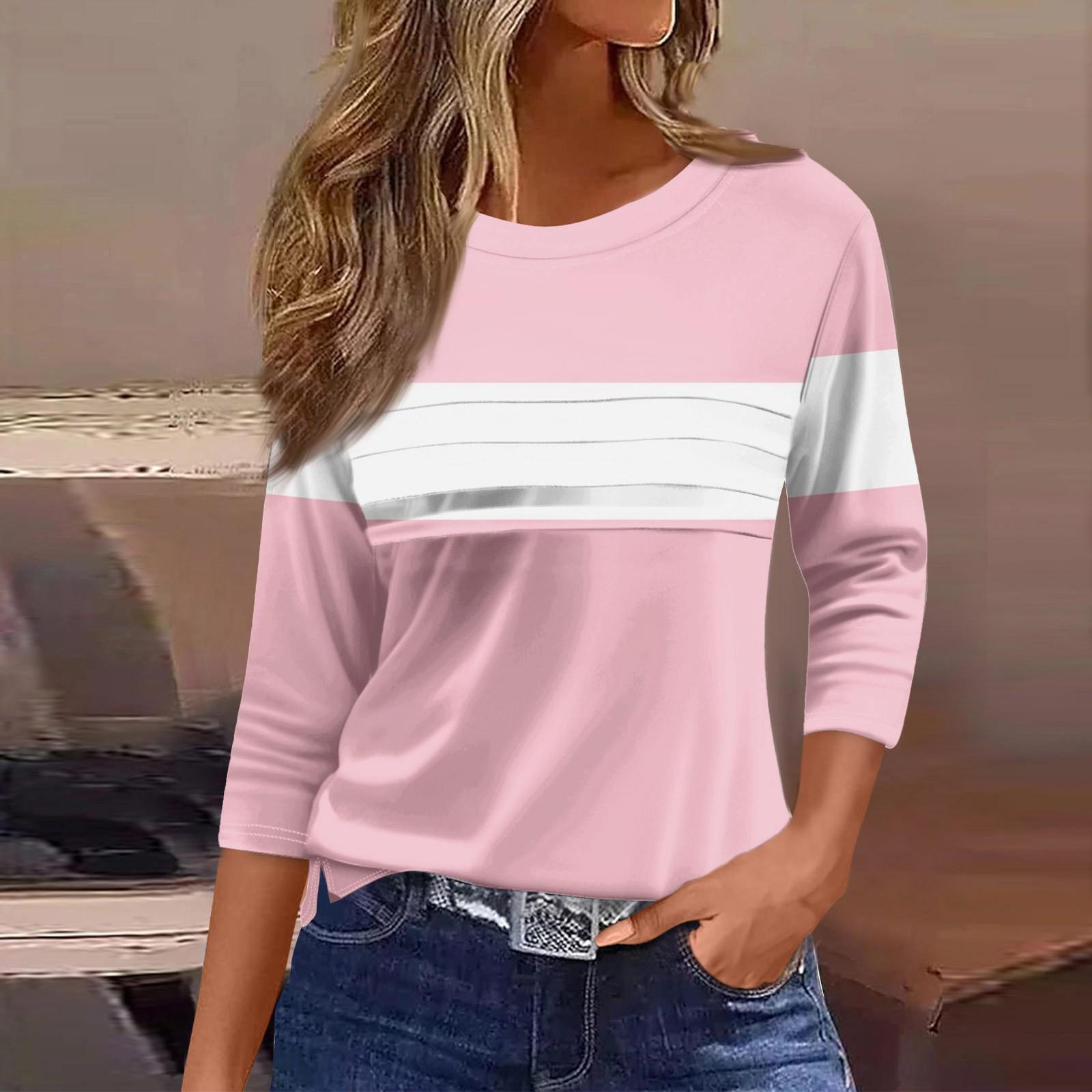 

Женская мода повседневный свободный топ с рукавом 3/4 в полоску с круглым вырезом XL розовый